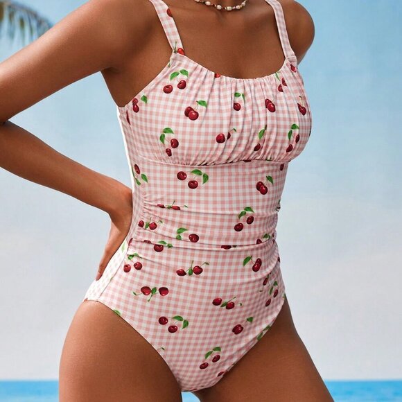 Multicolor Casual Women's Plaid Cherry Print One-Piece Swimsuit - Picture 3 of 6